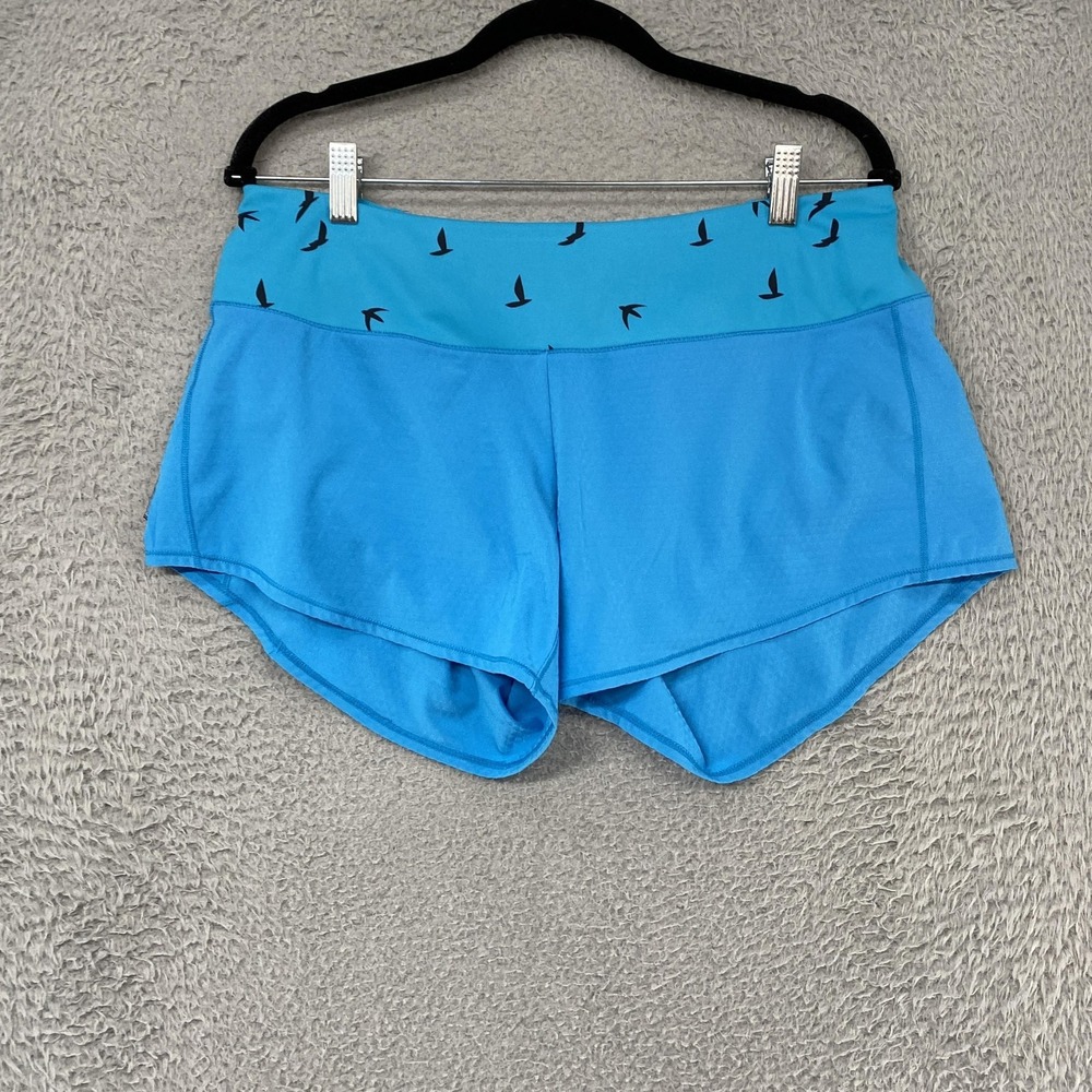 oiselle Blue Athletic Running Shorts with Bird-Print Waistband